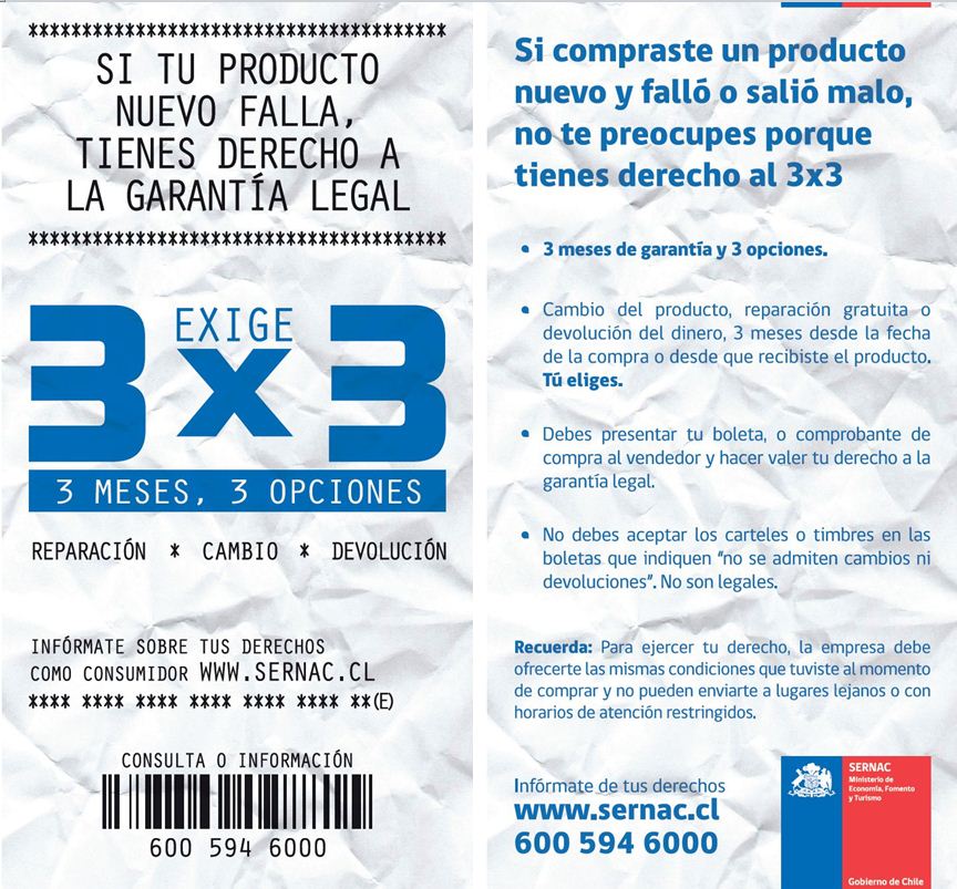 Volante de la campaña del Sernac para informar a los consumidores sobre el derecho legal a la garantía de los productos, diciembre de 2012