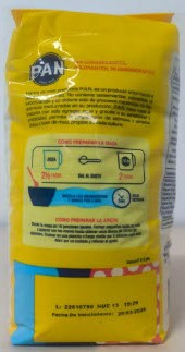Parte delantera Parte trasera Harina P.A.N. precocida de maíz de 1 kilo, Lote N°22610790, año 2025